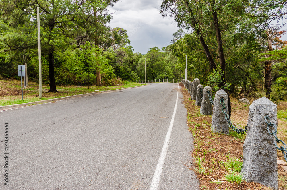 A long empty road turning left surrounded by trees and forest