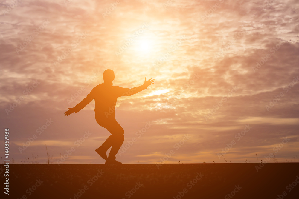 Man show hands silhouette sunset background Man show hands silhouette sunset background