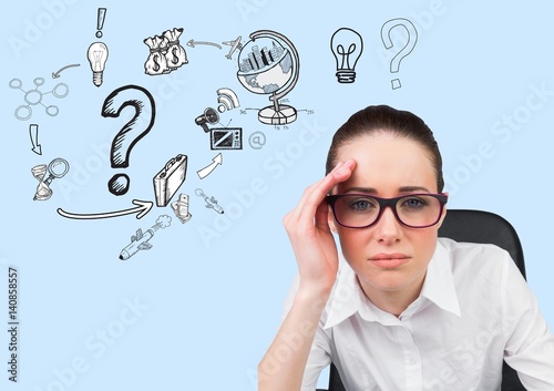 Tense businesswoman sitting on chair with various graphics icon