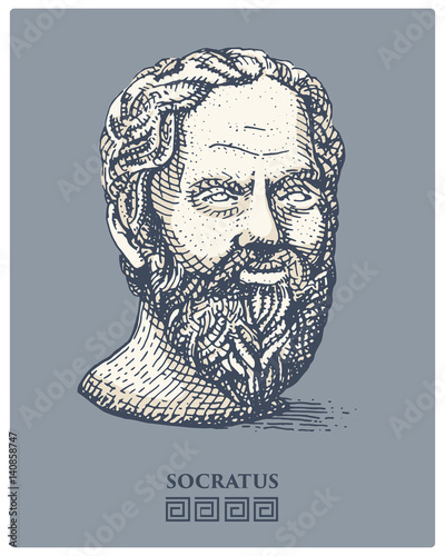 Portrait of Socrates. Ancient greek philosopher, scientist, and thinker vintage, engraved hand drawn in sketch or wood cut style, old looking retro