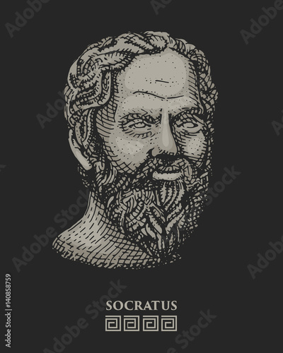 Portrait of Socrates. Ancient greek philosopher, scientist, and thinker vintage, engraved hand drawn in sketch or wood cut style, old looking retro