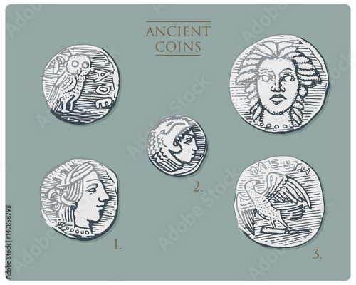 ancient Greece, antique symbols silver coins tetra drachma, medals with hercules, heracles and athena with owl, demetra and eagle vintage, engraved hand drawn in sketch or wood cut style, old looking