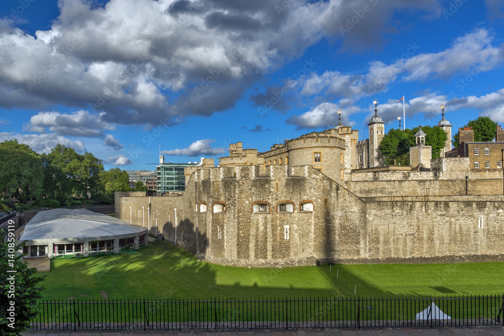 LONDON, ENGLAND - JUNE 15 2016: Sunset view of Historic Tower of London, England, Great Britain