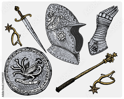 medieval symbols, Helmet and gloves, shield with dragon and sword, knife and mace, spur vintage, engraved hand drawn in sketch or wood cut style, old looking retro