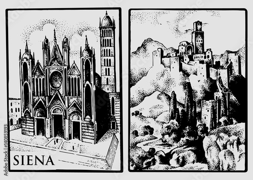 two vintage postcards with landscapes of Tuskany, Italy. Siena Cathedral and castle in the hill vintage lookiing engraved, hand drawn illustration, old