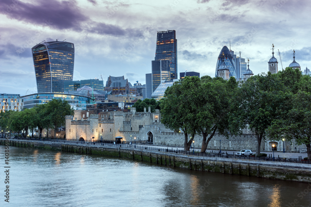 LONDON, ENGLAND - JUNE 15 2016: Sunset Skyline of London From Tower Bridge, England, United Kingdom