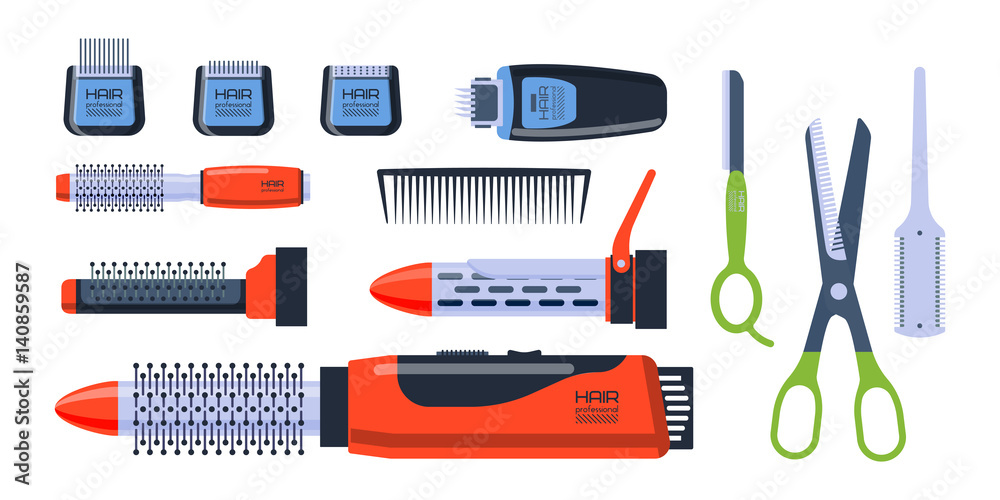 Barber salon professional set with tools equipment and twisting grooming metal barbershop care hairdressing stylist electric accessory vector illustration. Barber salon professional set with tools equipment and twisting grooming metal barbershop care hairdressing stylist electric accessory vector illustration.