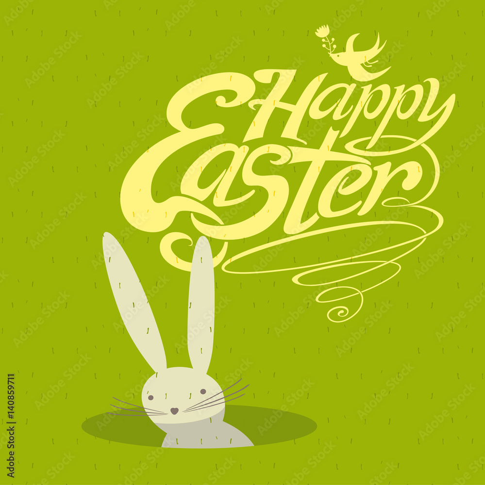 Naklejka premium Easter greeting card with cute bunny looks out of the hole and handwritten inscription Happy Easter Day.
