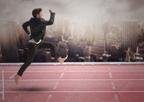 Businessman running on race track against cityscape background © vectorfusionart