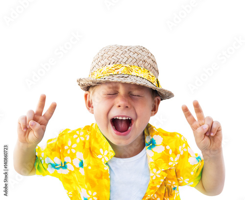 Child Straw Hat Laughs Camera Isolated White