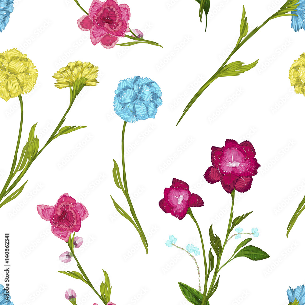 Vintage Seamless pattern: flower, leaf, branch, isolated on background. Imitation of embroidery, watercolor. Hand drawn vector illustration, separated editable elements.