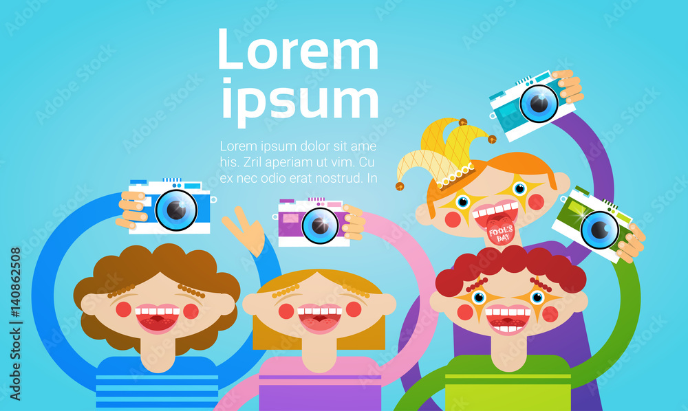 Fototapeta premium Cartoon People Group Holding Photo Camera Photography Blogger Flat Vector Illustration