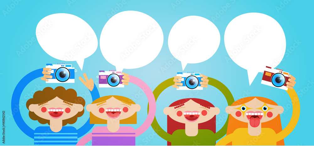 Obraz premium Cartoon People Group Holding Photo Camera Photography Blogger Flat Vector Illustration