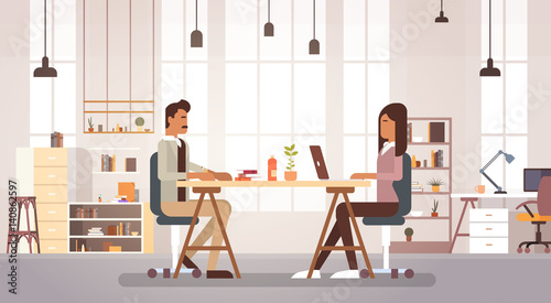 Indian Business People Group Working In Creative Office Coworking Center Modern Workplace Flat Vector Illustration