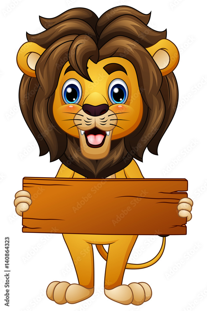 Naklejka premium Cartoon lion holding an empty wooden board 