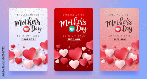 Mothers day sale background layout with Heart Shaped Balloons for banners,Wallpaper,flyers, invitation, posters, brochure, voucher discount.Vector illustration template.