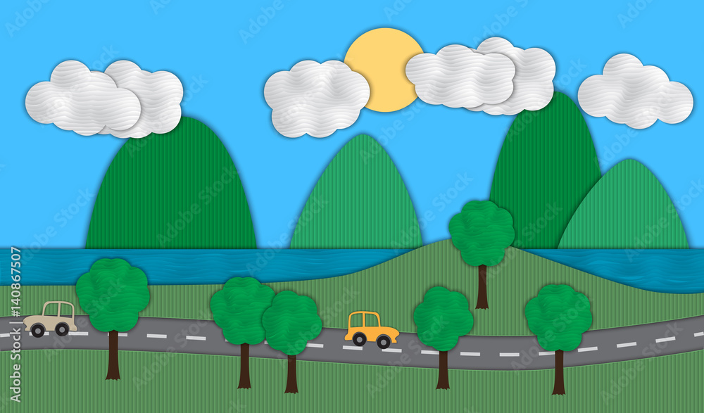 Natural  Landscape with cars, mountains, lake, trees and road