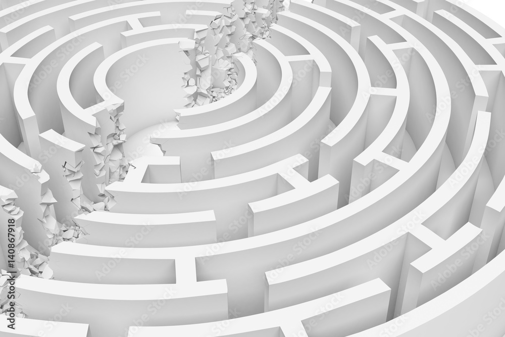 3d rendering of a white round maze with its walls broken by a straight line of rumble dividing the maze in half. 3d rendering of a white round maze with its walls broken by a straight line of rumble dividing the maze in half.