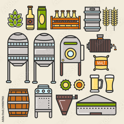 Beer brewery factory production line elements vector icons