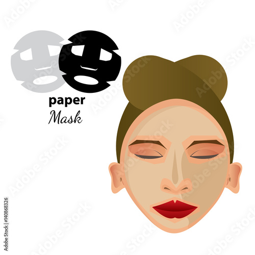 woman face covered with skin vitamins facial mask and paper mask in frame. vector illustration