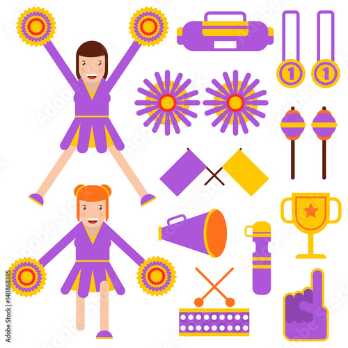 Cheerleading elements and cheerleader girls accessories vector flat icons