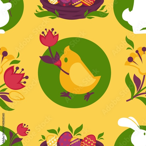 Easter pattern paschal eggs, bunny and chick seamless vector background