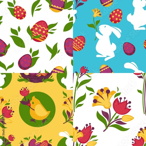 Easter pattern paschal eggs, bunny seamless vector backgrounds set