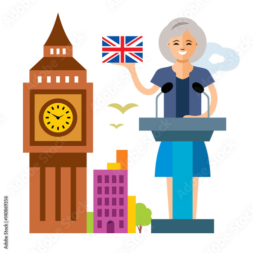 Vector United Kingdom policy. Woman politician. Flat style colorful Cartoon illustration.