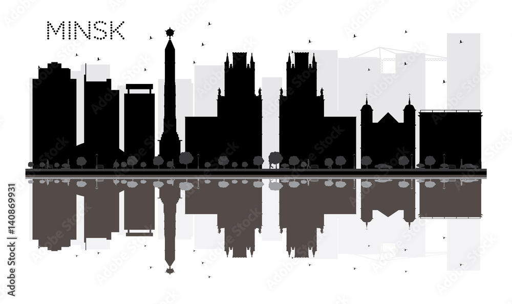 Minsk City skyline black and white silhouette with reflections.