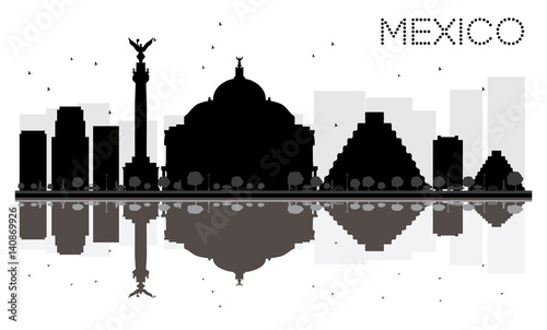 Mexico City skyline black and white silhouette with reflections.