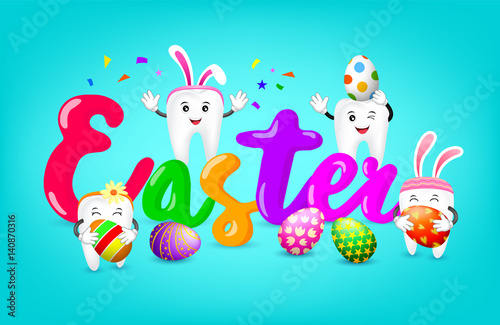 Easter text with cute cartoon white tooth characters. Happy Easter day concept, illustration on blue background.