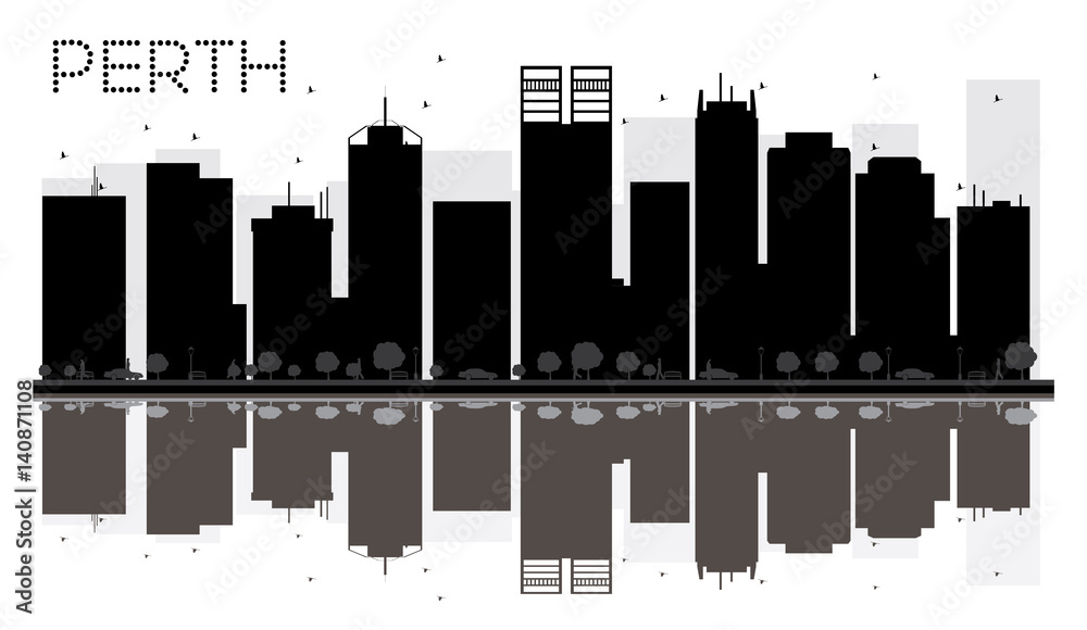 Perth City skyline black and white silhouette with reflections.