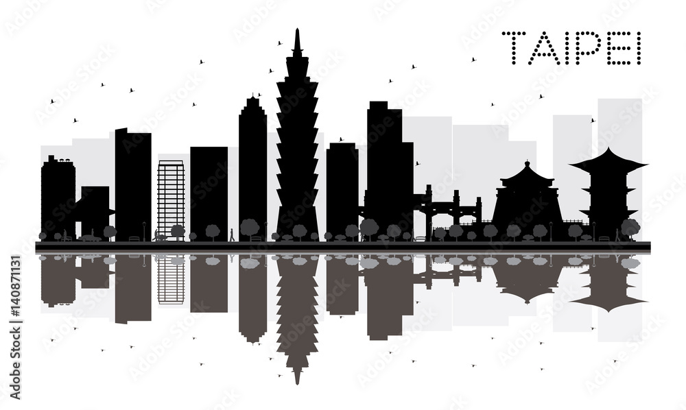 Fototapeta premium Taipei City skyline czarno-biała sylwetka z refleksami.