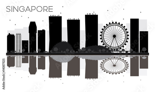 Singapore City skyline black and white silhouette with reflections.