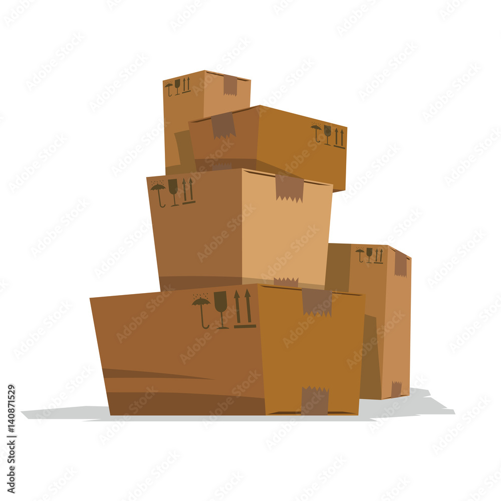 Vector image of five light brown cardboard boxes of different sizes standing on a white background. Trucking, delivery, logistics, packaging. Vector illustration. Vector image of five light brown cardboard boxes of different sizes standing on a white background. Trucking, delivery, logistics, packaging. Vector illustration.