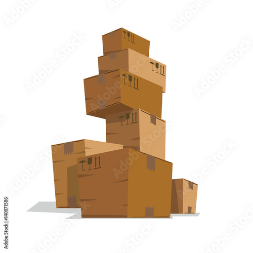 Vector image of seven light brown cardboard boxes of medium size, stacked like a tower on a white background. Trucking, delivery, logistics, packaging. Vector illustration.