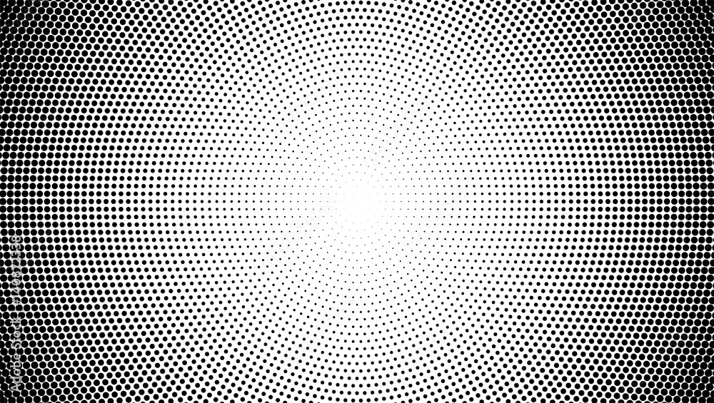 Halftone pattern background with radial effect, round spot shapes, vintage or retro graphic with place for your text. Halftone digital effect.