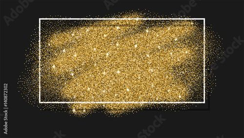 Gold glitter background. Golden design in frame, border for greeting card, flyer poster, sign, banner, web header. Abstract sparkle, sequin texture.
