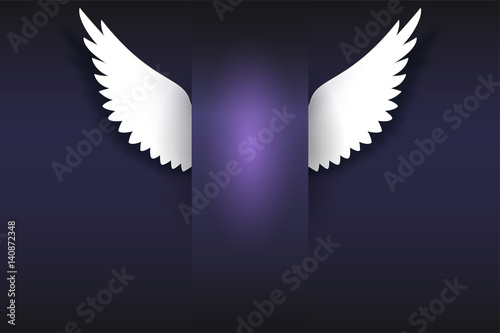 Banner with angel wings. Artificial paper wings, soaring wings with place for your message on dark background Card for your creativity