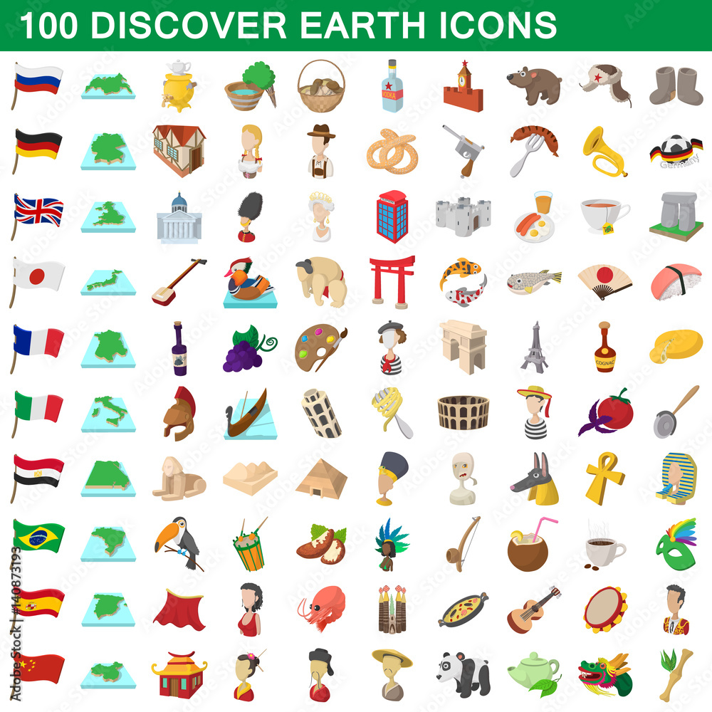 100 discover earth icons set, cartoon style 100 discover earth icons set, cartoon style