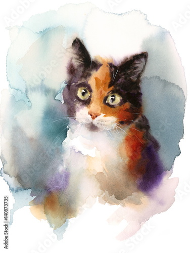 Watercolor Calico Cat Hand Drawn Pet Portrait Illustration 