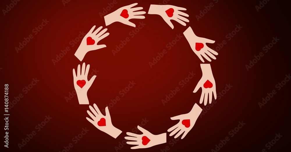 Hands with heart shaped forming circle against red background Hands with heart shaped forming circle against red background