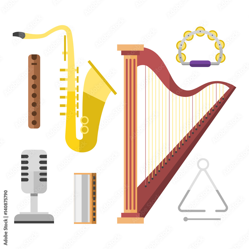 Vecteur Stock Harp icon golden stringed musical instrument classical  orchestra art sound tool and saxophone acoustic symphony stringed fiddle  vector illustration. | Adobe Stock