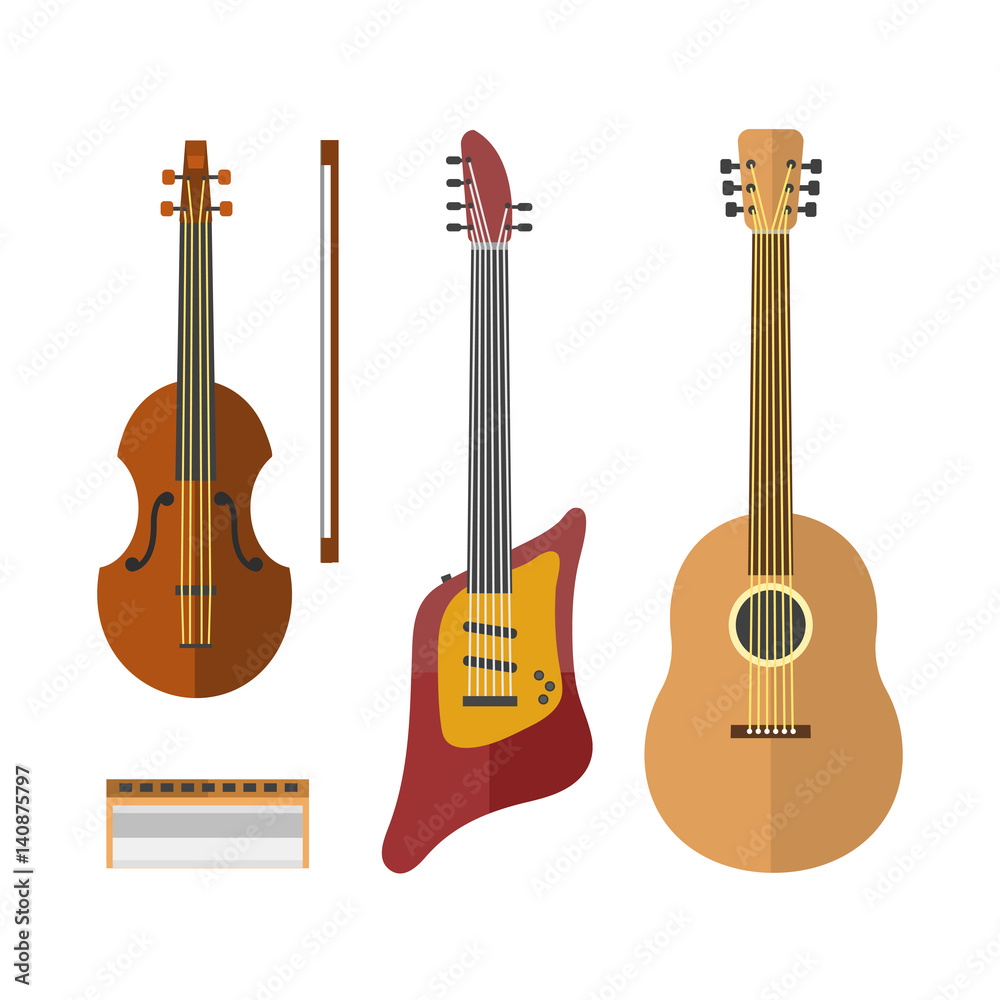 Obraz premium Guitar icon stringed electric musical instrument classical orchestra art sound tool and acoustic symphony stringed fiddle wooden vector illustration.