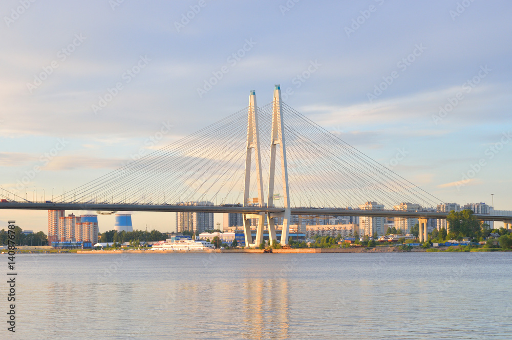 Obraz premium Cable stayed bridge and Neva river.