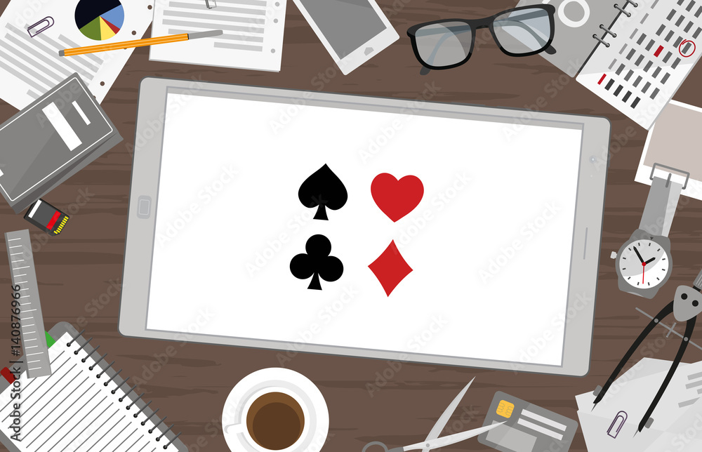Obraz premium Schreibtisch mit Tablet - Casino - Spielkarten - Symbole