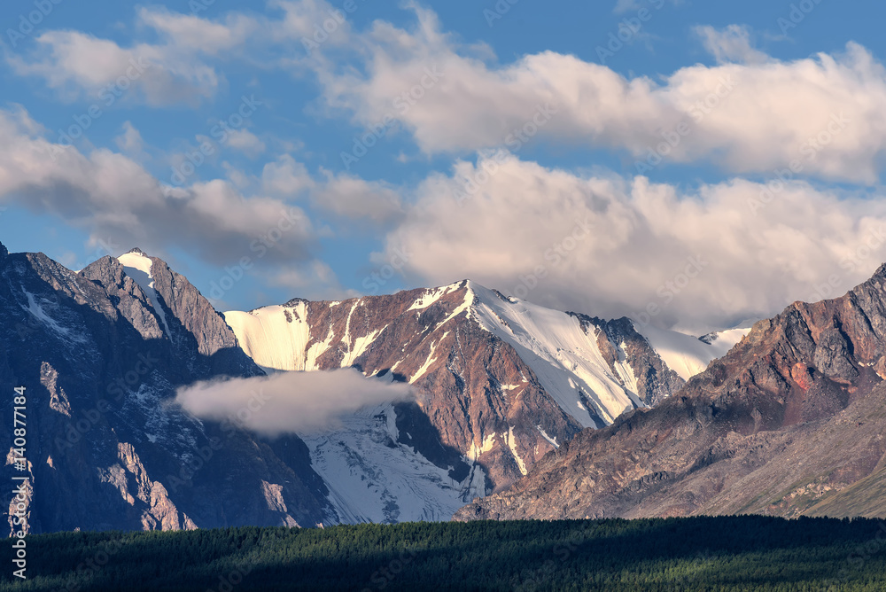 mountains clouds forest peak