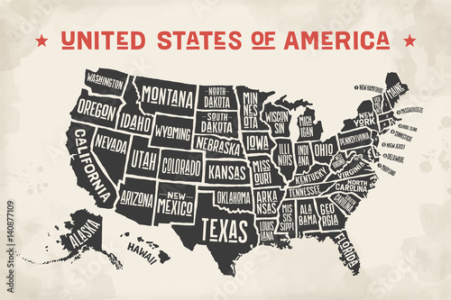 Fotografia Poster map of United States of America with state names