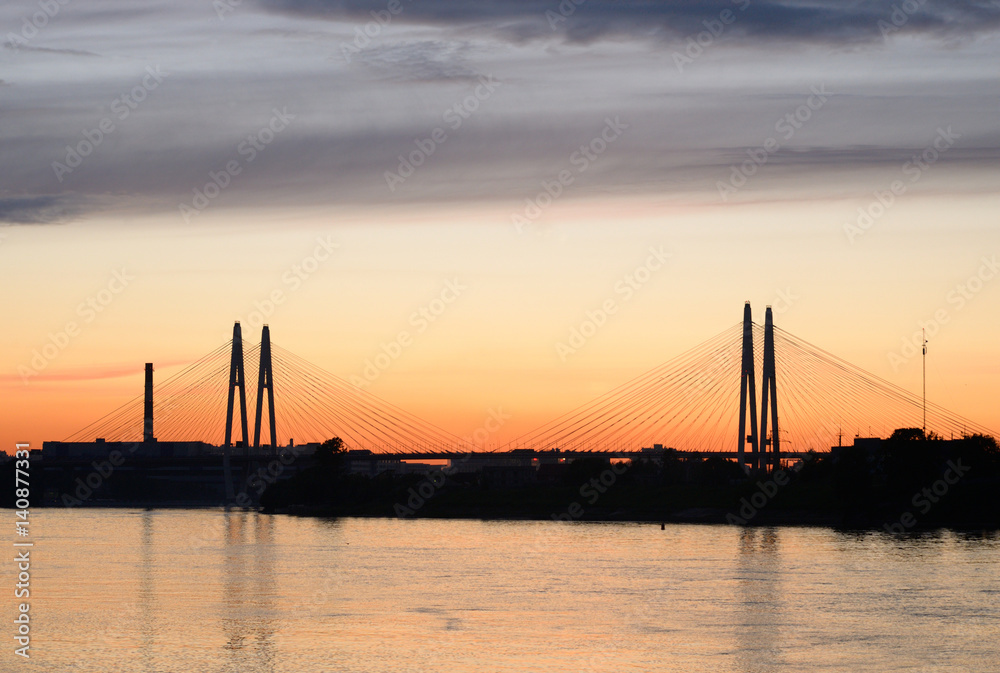 Cable stayed bridge and Neva river.