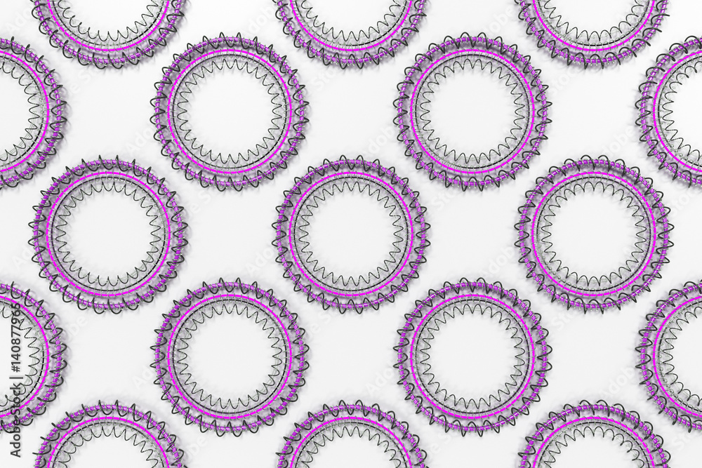 Pattern of concentric shapes made of rings and spirals on white background